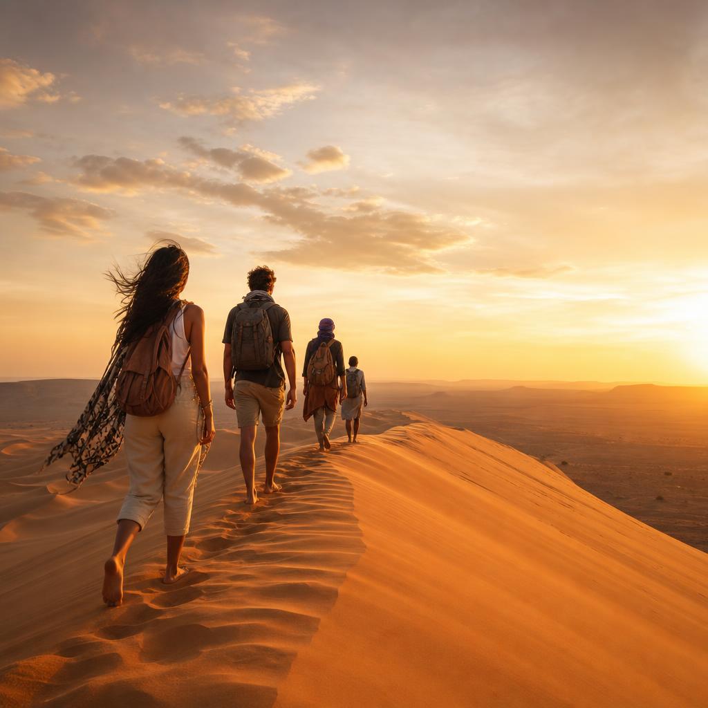 Groupe de voyageurs Rihla Travel dans le désert du Sahara